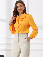 Peter Pan Collar Chiffon Bow Tie Neck Puff Sleeve Button Blouse