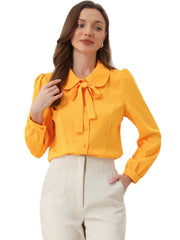 Peter Pan Collar Chiffon Bow Tie Neck Puff Sleeve Button Blouse