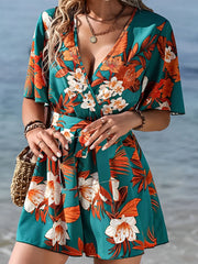 Floral Short Sleeves V Neck Tie Waist Beach Rompers