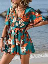 Floral Short Sleeves V Neck Tie Waist Beach Rompers