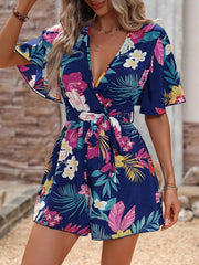 Floral Short Sleeves V Neck Tie Waist Beach Rompers