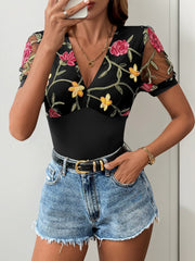 V Neck Embroidered Floral Short Sleeves Bodysuit