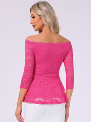 Elegant Lace Blouse Semi Sheer 3/4 Sleeve Off Shoulder Peplum Top
