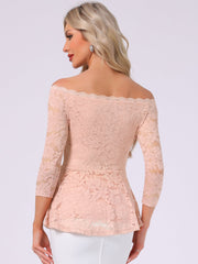 Elegant Lace Blouse Semi Sheer 3/4 Sleeve Off Shoulder Peplum Top
