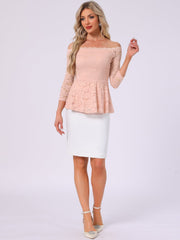 Elegant Lace Blouse Semi Sheer 3/4 Sleeve Off Shoulder Peplum Top