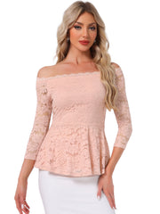 Elegant Lace Blouse Semi Sheer 3/4 Sleeve Off Shoulder Peplum Top