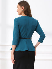 3/4 Sleeve Belted Peplum Elegant Business Work Blouse