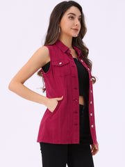 Casual Button Down Waistcoat Sleeveless Mid Long Denim Vest