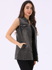 Casual Button Down Waistcoat Sleeveless Mid Long Denim Vest