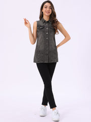 Casual Button Down Waistcoat Sleeveless Mid Long Denim Vest