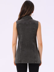 Casual Button Down Waistcoat Sleeveless Mid Long Denim Vest