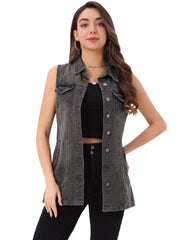 Casual Button Down Waistcoat Sleeveless Mid Long Denim Vest