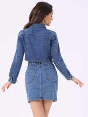Collared Button Down Long Sleeve Denim Crop Jean Jacket