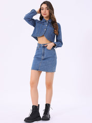 Collared Button Down Long Sleeve Denim Crop Jean Jacket
