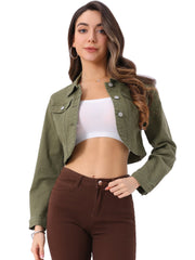 Collared Button Down Long Sleeve Denim Crop Jean Jacket