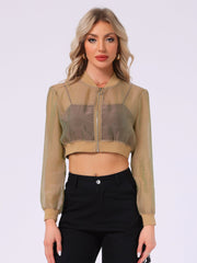Bomber Long Sleeve Crop Mesh Sheer Zip Up Jackets