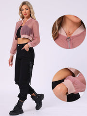 Bomber Long Sleeve Crop Mesh Sheer Zip Up Jackets