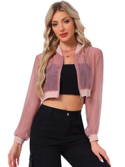Bomber Long Sleeve Crop Mesh Sheer Zip Up Jackets