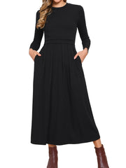 Crew Neck Long Sleeve Pocketed A-Line Sweater Dresses