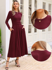 Crew Neck Long Sleeve Pocketed A-Line Sweater Dresses