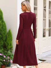 Crew Neck Long Sleeve Pocketed A-Line Sweater Dresses