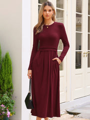 Crew Neck Long Sleeve Pocketed A-Line Sweater Dresses