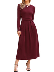 Crew Neck Long Sleeve Pocketed A-Line Sweater Dresses