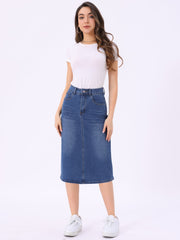 Casual Denim High Waist Stretchy Midi Pencil Jean Skirt