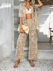 2 Pieces Short Sleeves Graphic Shirts & Wide Leg Pants Beach Set
