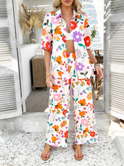 2 Pieces Short Sleeves Graphic Shirts & Wide Leg Pants Beach Set