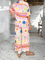 2 Pieces Short Sleeves Graphic Shirts & Wide Leg Pants Beach Set