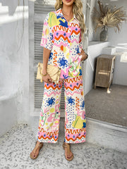 2 Pieces Short Sleeves Graphic Shirts & Wide Leg Pants Beach Set