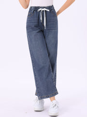Casual Denim Pants Drawstring Elastic Waist Wide Legs Jeans