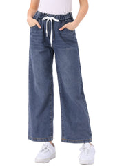 Casual Denim Pants Drawstring Elastic Waist Wide Legs Jeans