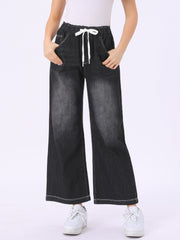 Casual Denim Pants Drawstring Elastic Waist Wide Legs Jeans