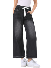 Casual Denim Pants Drawstring Elastic Waist Wide Legs Jeans
