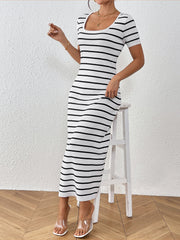 U Neck Short Sleeves Knitted Striped Maxi Dress