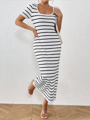 U Neck Short Sleeves Knitted Striped Maxi Dress