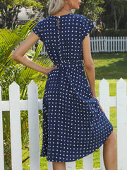 Retro-Chic Short Sleeves Polka All-Over Dot Pleated Belted Midi Casual Dress