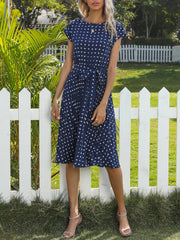 Retro-Chic Short Sleeves Polka All-Over Dot Pleated Belted Midi Casual Dress