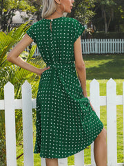 Retro-Chic Short Sleeves Polka All-Over Dot Pleated Belted Midi Casual Dress