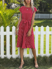 Retro-Chic Short Sleeves Polka All-Over Dot Pleated Belted Midi Casual Dress