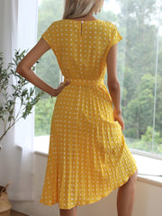 Retro-Chic Short Sleeves Polka All-Over Dot Pleated Belted Midi Casual Dress