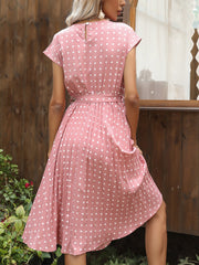 Retro-Chic Short Sleeves Polka All-Over Dot Pleated Belted Midi Casual Dress