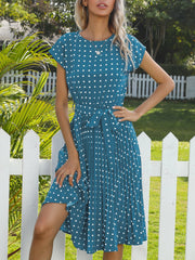 Retro-Chic Short Sleeves Polka All-Over Dot Pleated Belted Midi Casual Dress