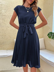 Classic A-Line Short Sleeves Solid Color Belted Pleated Midi Casual Dress