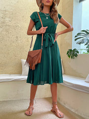 Classic A-Line Short Sleeves Solid Color Belted Pleated Midi Casual Dress