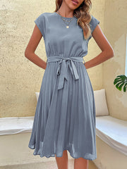 Classic A-Line Short Sleeves Solid Color Belted Pleated Midi Casual Dress
