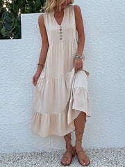 Notch Neck Buttoned Sleeveless Tiered Midi Dress