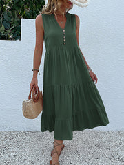 Notch Neck Buttoned Sleeveless Tiered Midi Dress